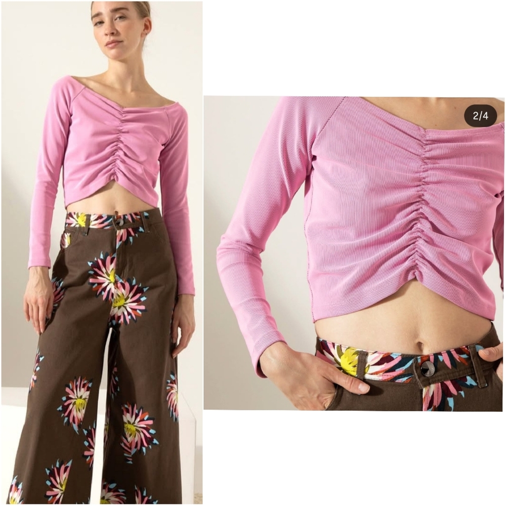 Jazmin Chebar Pink V Neck Ribbed Ruched Front Cropped Long Sleeve Top Small